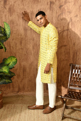 YELLOW GEORGETTE mens kurta pajama with sequencework