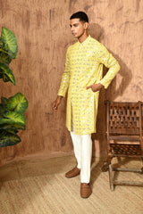 YELLOW GEORGETTE mens kurta pajama with sequencework