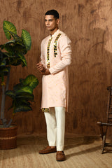 PEACH CHANDERI mens kurta pajama with mirrorwork