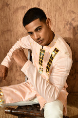 PEACH CHANDERI mens kurta pajama with mirrorwork
