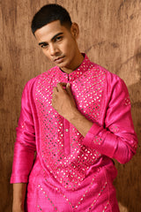 PINK RAW SILK mens kurta pajama with mirrorwork