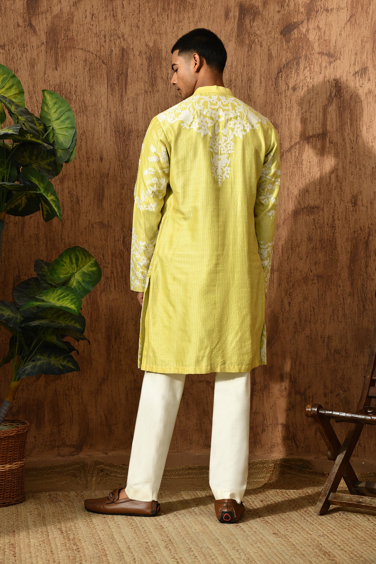 GREEN CHANDERI mens kurta pajama with patchwork and detailing
