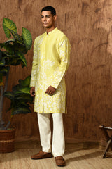 GREEN CHANDERI mens kurta pajama with patchwork and detailing