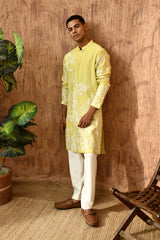 GREEN CHANDERI mens kurta pajama with patchwork and detailing