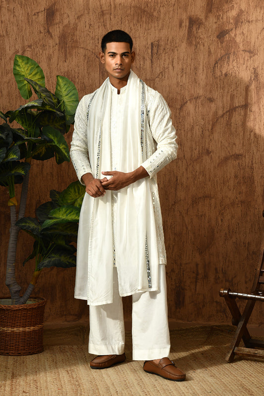 IVORY GEORGETTE mens kurta pant with mirrorwork