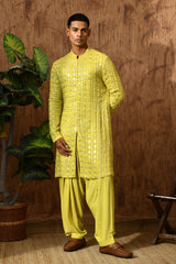 GREEN GEORGETTE mens kurta salwar with sequencework