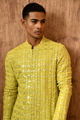 GREEN GEORGETTE mens kurta salwar with sequencework