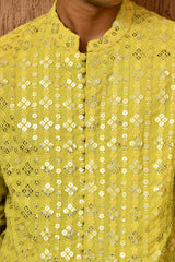 GREEN GEORGETTE mens kurta salwar with sequencework