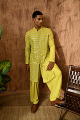 GREEN GEORGETTE mens kurta salwar with sequencework