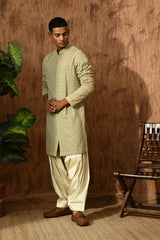 GREEN GEORGETTE mens kurta salwar with threadwork