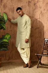 GREEN GEORGETTE mens kurta salwar with threadwork