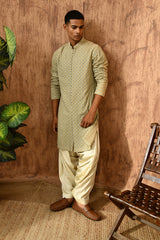 GREEN GEORGETTE mens kurta salwar with threadwork