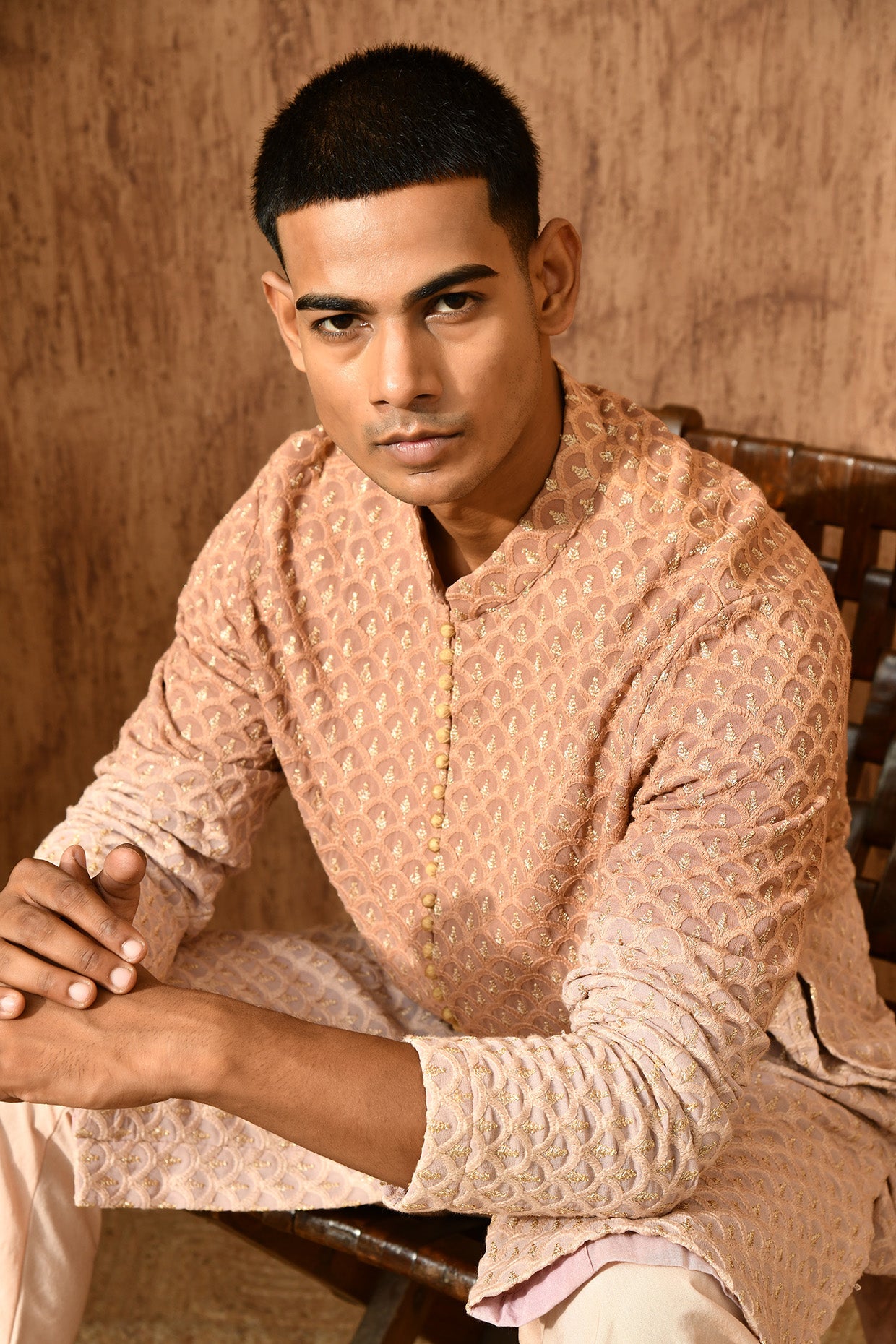 ROSE GOLD GEORGETTE mens kurta pajama with threadwork