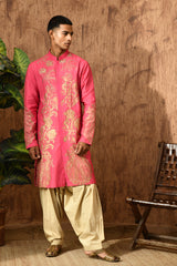PINK COTTON TUSSER mens kurta salwar with block printing and pitta work