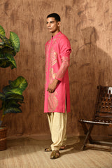 PINK COTTON TUSSER mens kurta salwar with block printing and pitta work