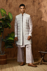 LAVENDER LINEN SATIN mens indowestern set with threadwork and zardozi