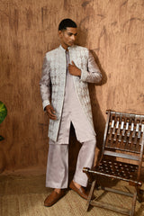 LAVENDER LINEN SATIN mens indowestern set with threadwork and zardozi