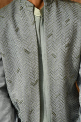 GREEN METALLIC mens indowestern set with threadwork and zardozi