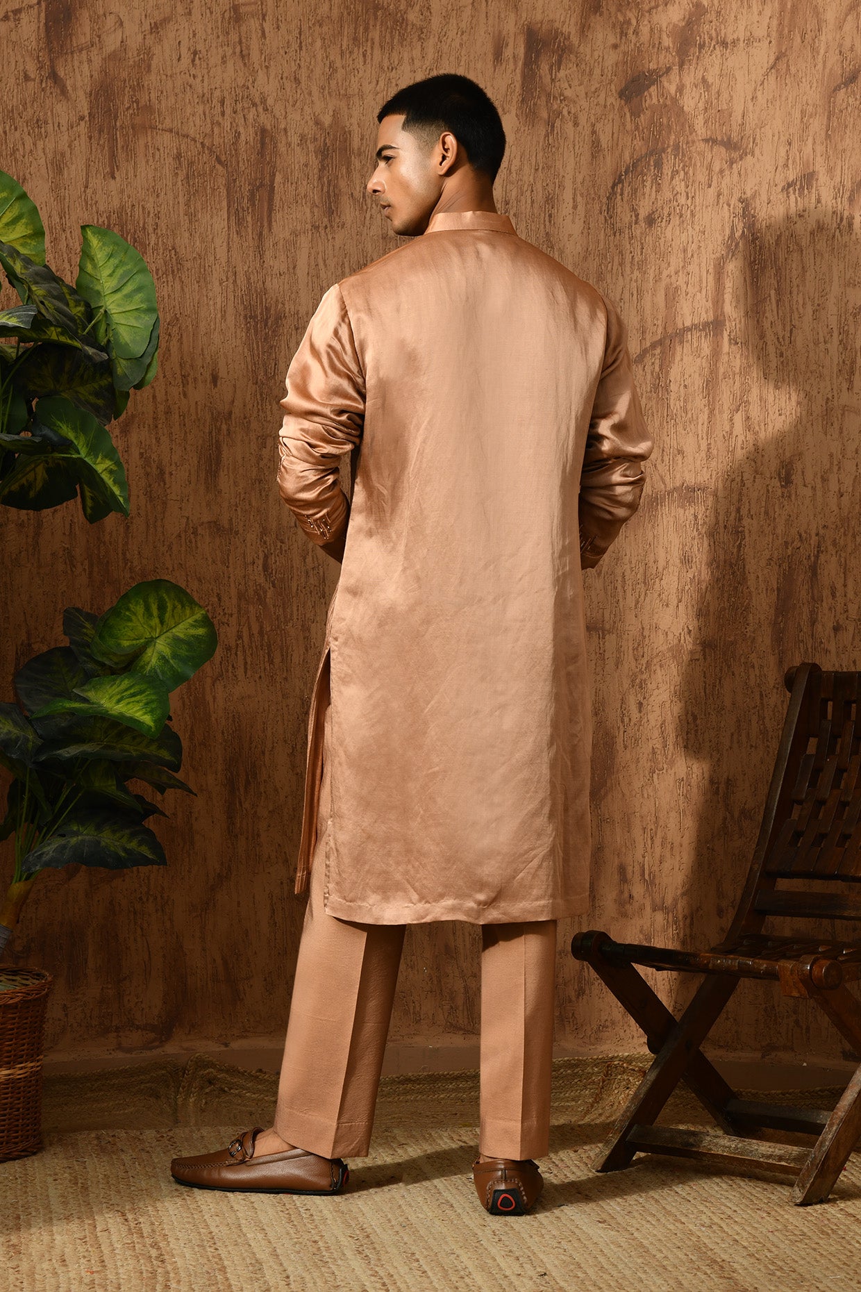 ROSE GOLD LINEN SATIN mens kurta pajama with pittawork