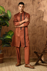 MOCHA LINEN SATIN mens kurta pajama with threadwork