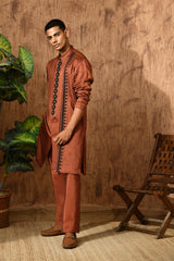 MOCHA LINEN SATIN mens kurta pajama with threadwork