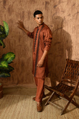 MOCHA LINEN SATIN mens kurta pajama with threadwork