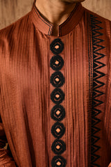 MOCHA LINEN SATIN mens kurta pajama with threadwork