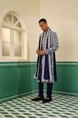 Navy blue dupion sherwani showcasing the elegance of dori and pearlwork SW1431
