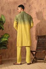 GREEN/YELLOW VISCOSE SILK mens kurta pajama with patra work