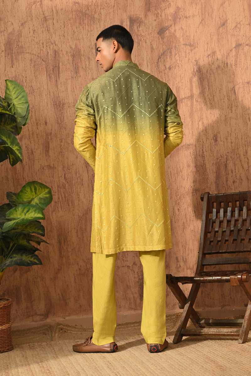 GREEN/YELLOW VISCOSE SILK mens kurta pajama with patra work