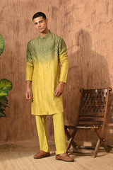GREEN/YELLOW VISCOSE SILK mens kurta pajama with patra work