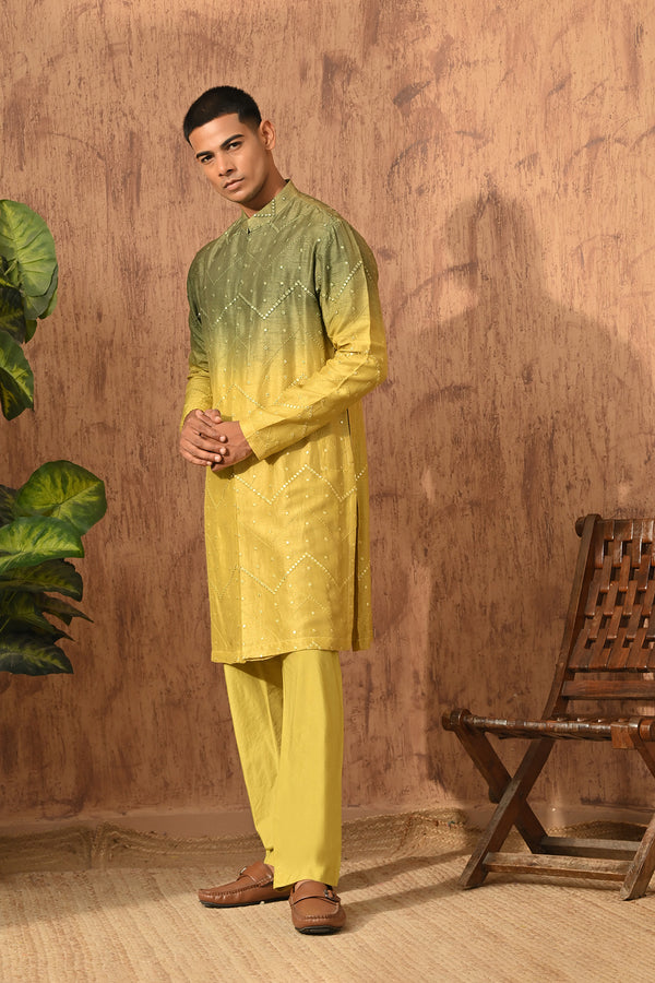GREEN/YELLOW VISCOSE SILK mens kurta pajama with patra work