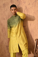 GREEN/YELLOW VISCOSE SILK mens kurta pajama with patra work