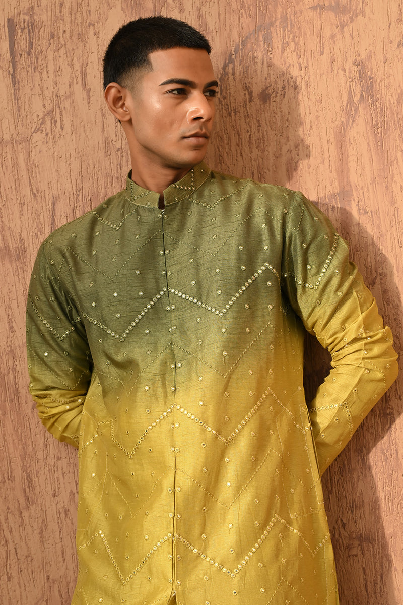 GREEN/YELLOW VISCOSE SILK mens kurta pajama with patra work