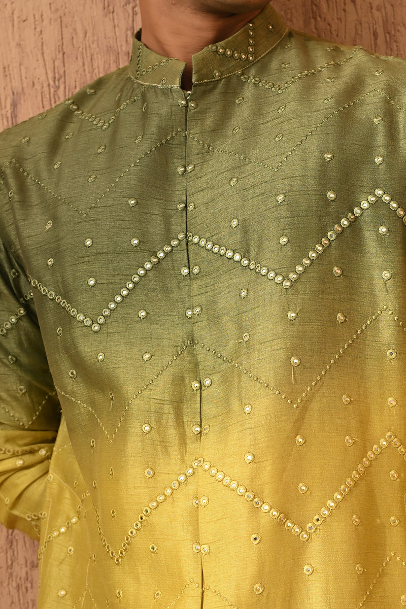 GREEN/YELLOW VISCOSE SILK mens kurta pajama with patra work