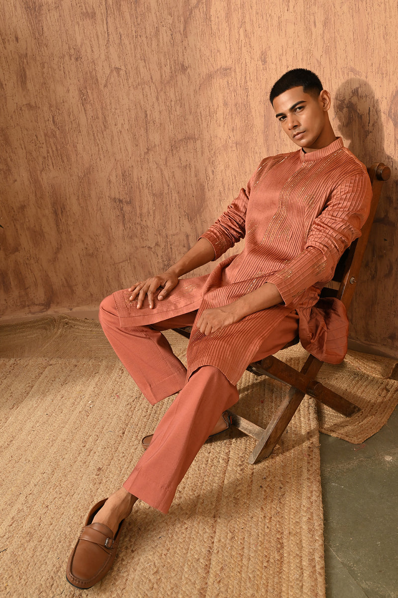 RUST CHANDERI mens kurta pajama with pitta work