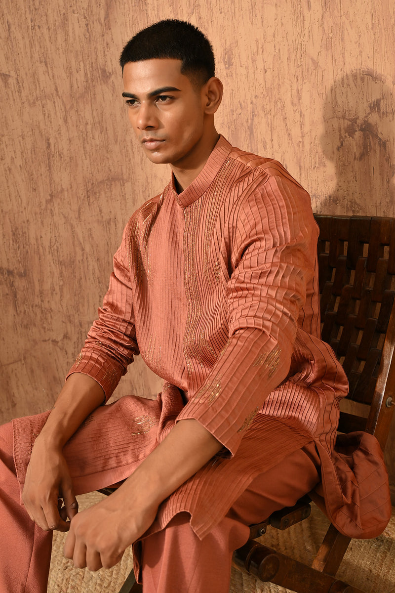 RUST CHANDERI mens kurta pajama with pitta work