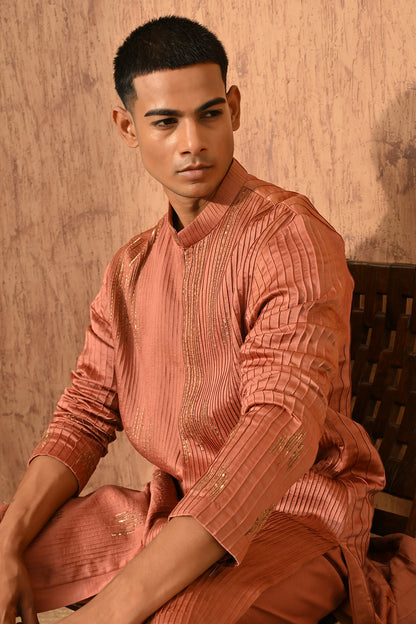 RUST CHANDERI mens kurta pajama with pitta work