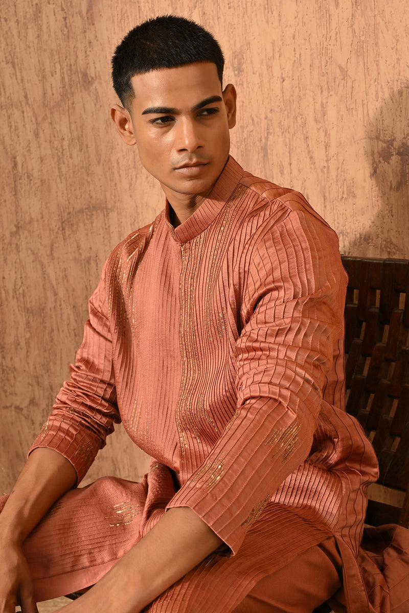 RUST CHANDERI mens kurta pajama with pitta work