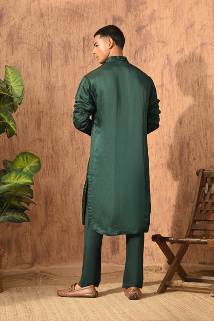 GREEN LINEN SATIN mens kurta pajama stole with frenchknots embroidery