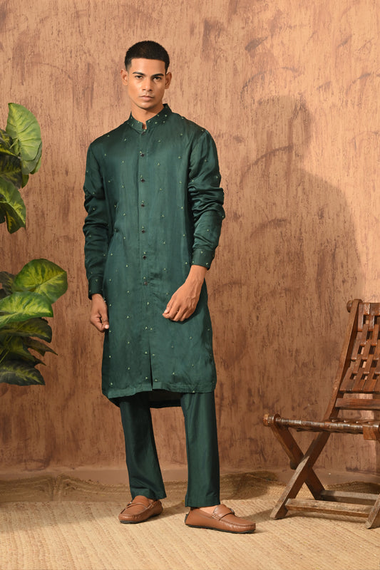 GREEN LINEN SATIN mens kurta pajama stole with frenchknots embroidery