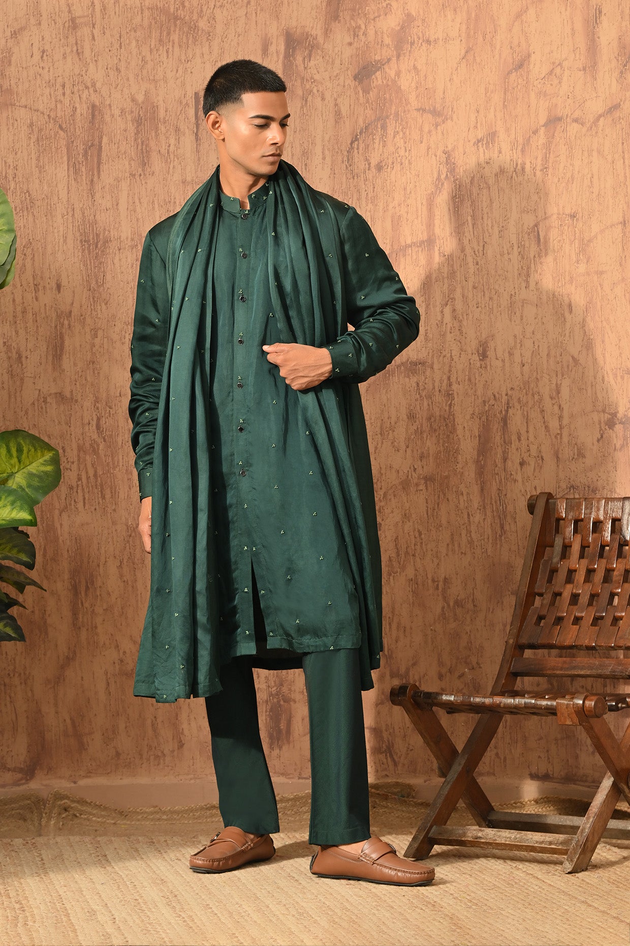GREEN LINEN SATIN mens kurta pajama stole with frenchknots embroidery