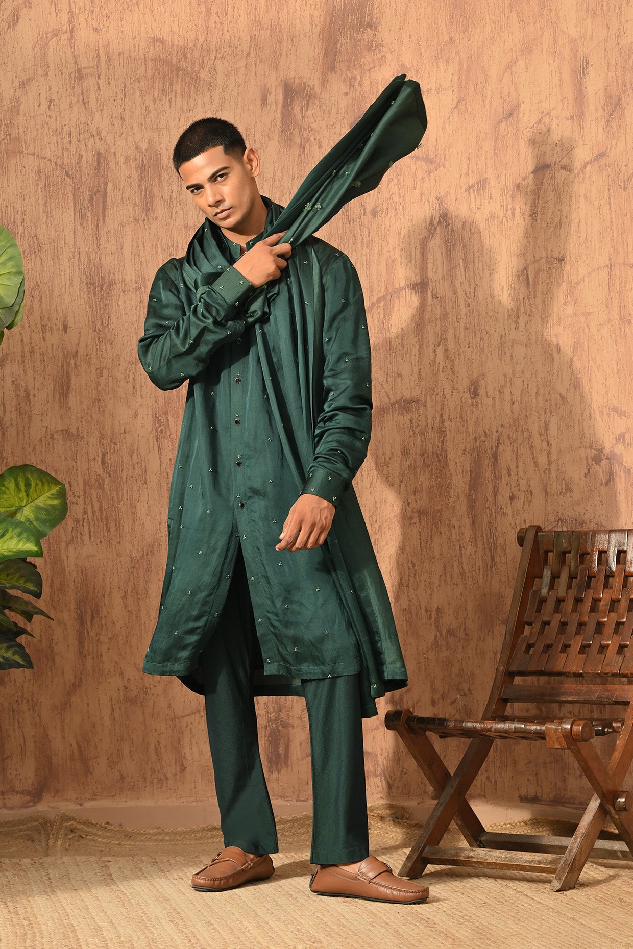 GREEN LINEN SATIN mens kurta pajama stole with frenchknots embroidery