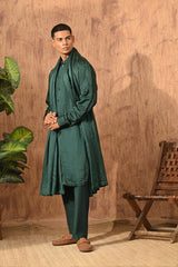 GREEN LINEN SATIN mens kurta pajama stole with frenchknots embroidery