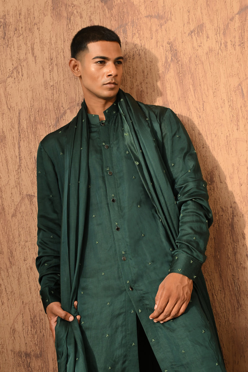 GREEN LINEN SATIN mens kurta pajama stole with frenchknots embroidery