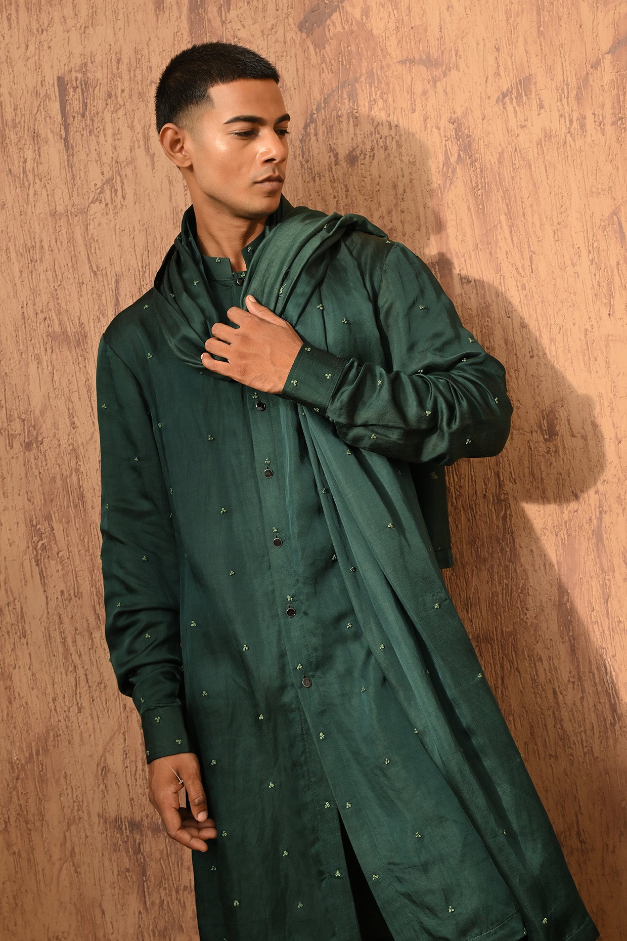GREEN LINEN SATIN mens kurta pajama stole with frenchknots embroidery