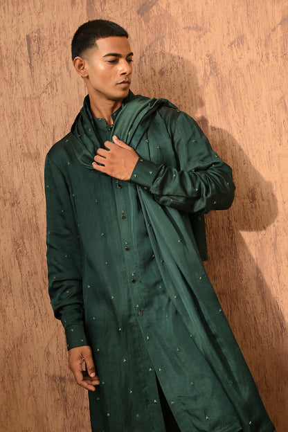 GREEN LINEN SATIN mens kurta pajama stole with frenchknots embroidery