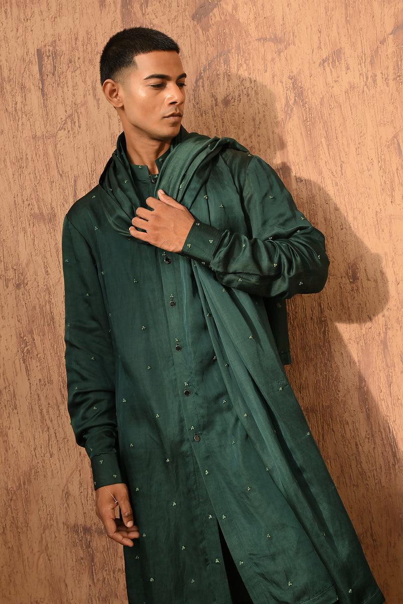 GREEN LINEN SATIN mens kurta pajama stole with frenchknots embroidery
