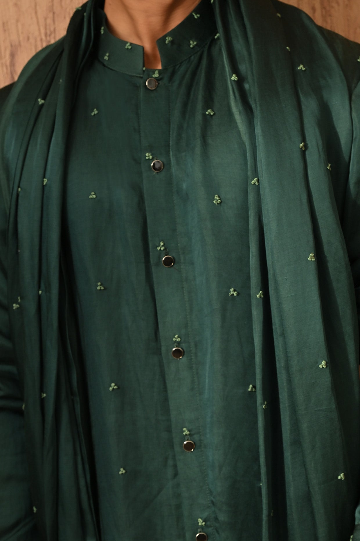 GREEN LINEN SATIN mens kurta pajama stole with frenchknots embroidery