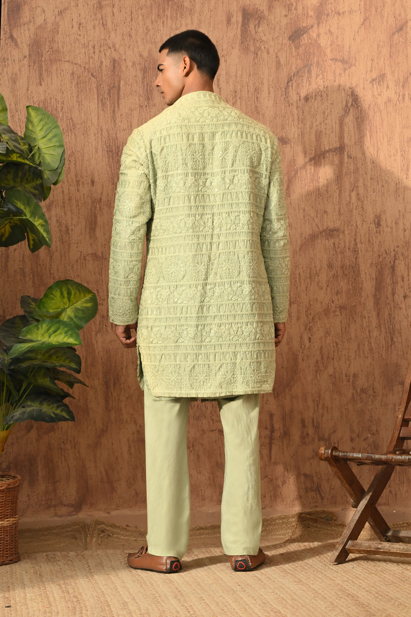 GREEN CHANDERI mens double layered kurta pajama with mirrorwork